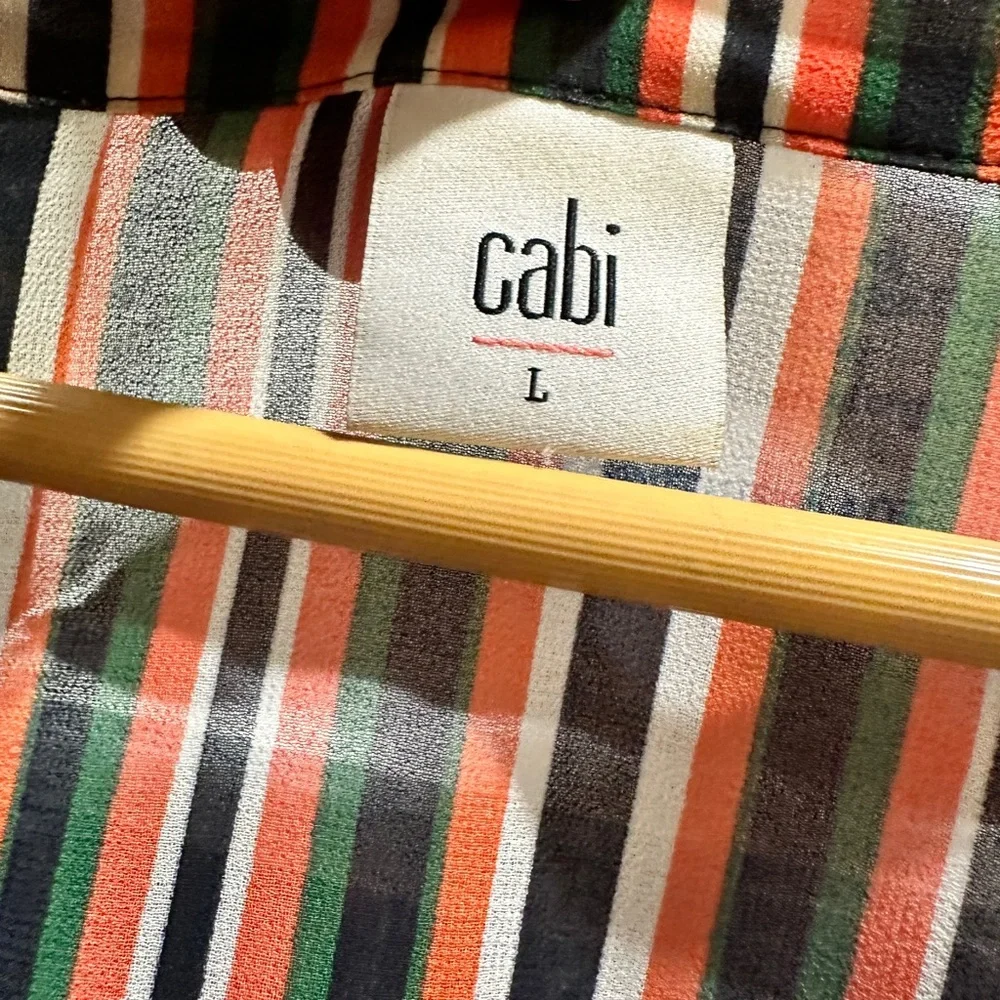 CAbi long sleeved, v-neck, striped sheer pullover‎ blouse. Navy, red, green. - Picture 6 of 12